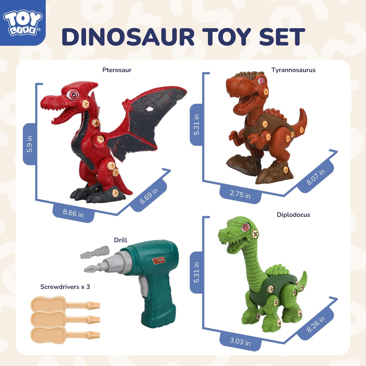 TOY Life 3-Pack Take Apart Dinosaur Toys for Kids 3 5 7 Kids Dinosaur Toys with Electric Drill Dinosaur Birthday Gifts Take Apar