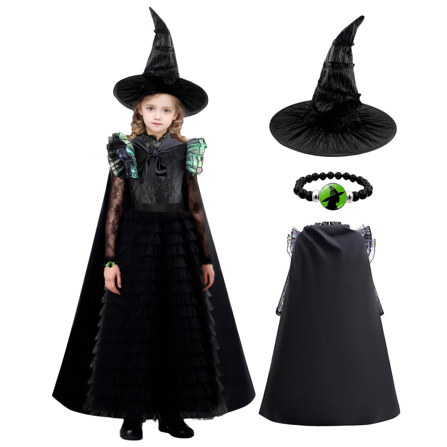 Rynotrix Witch Dress For Girls Black Ruffled Tiered Prom Dresses With Cape Hat Bracelet 130
