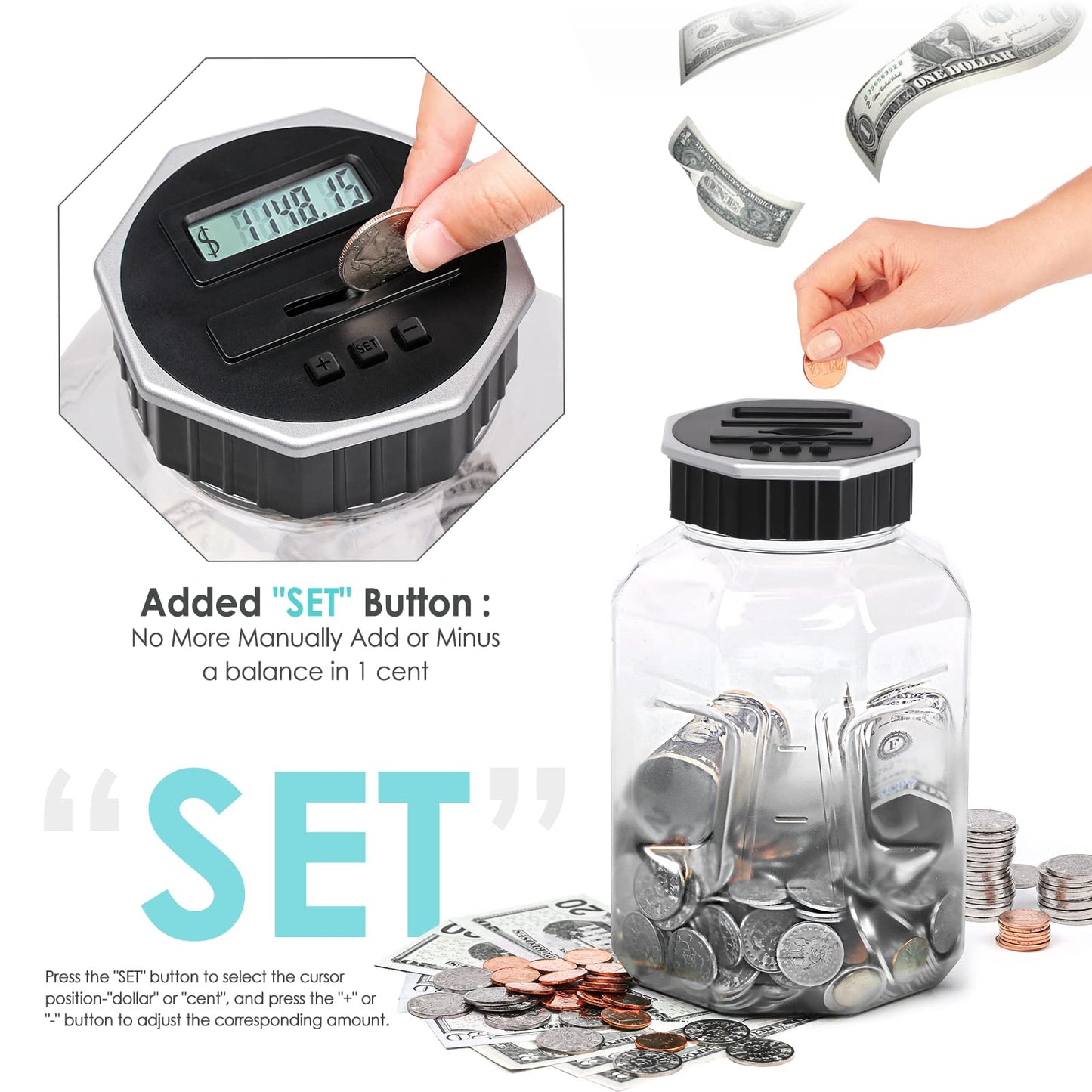 X-Large Piggy Bank For Adults Kids, Vcertcpl Digital Coin Counting Bank With Lcd Counter, 2.4L Capacity, Great Coin Counter Bank Money Counting Jar With Total Amount Displayed (Silver, X-Large)