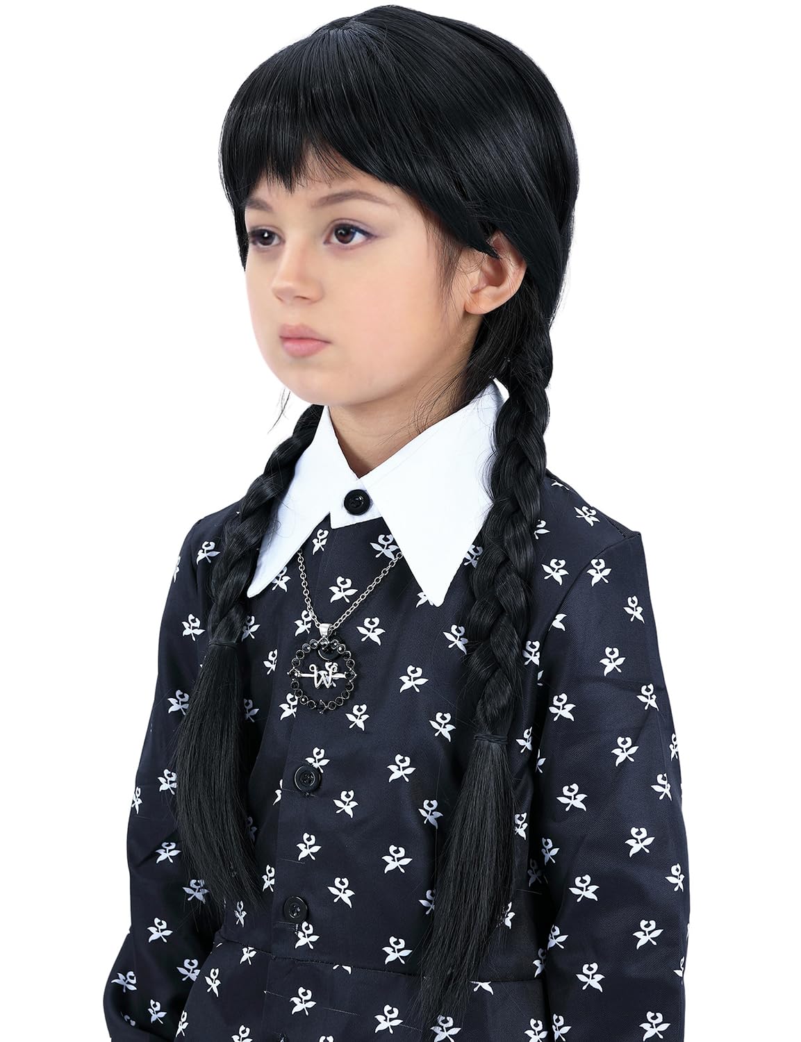 Bettecos Long Black Braided Wig For Girls With Necklace Heat Resistant Synthetic Pigtails Hair Wigs For Kids Halloween Party Cos