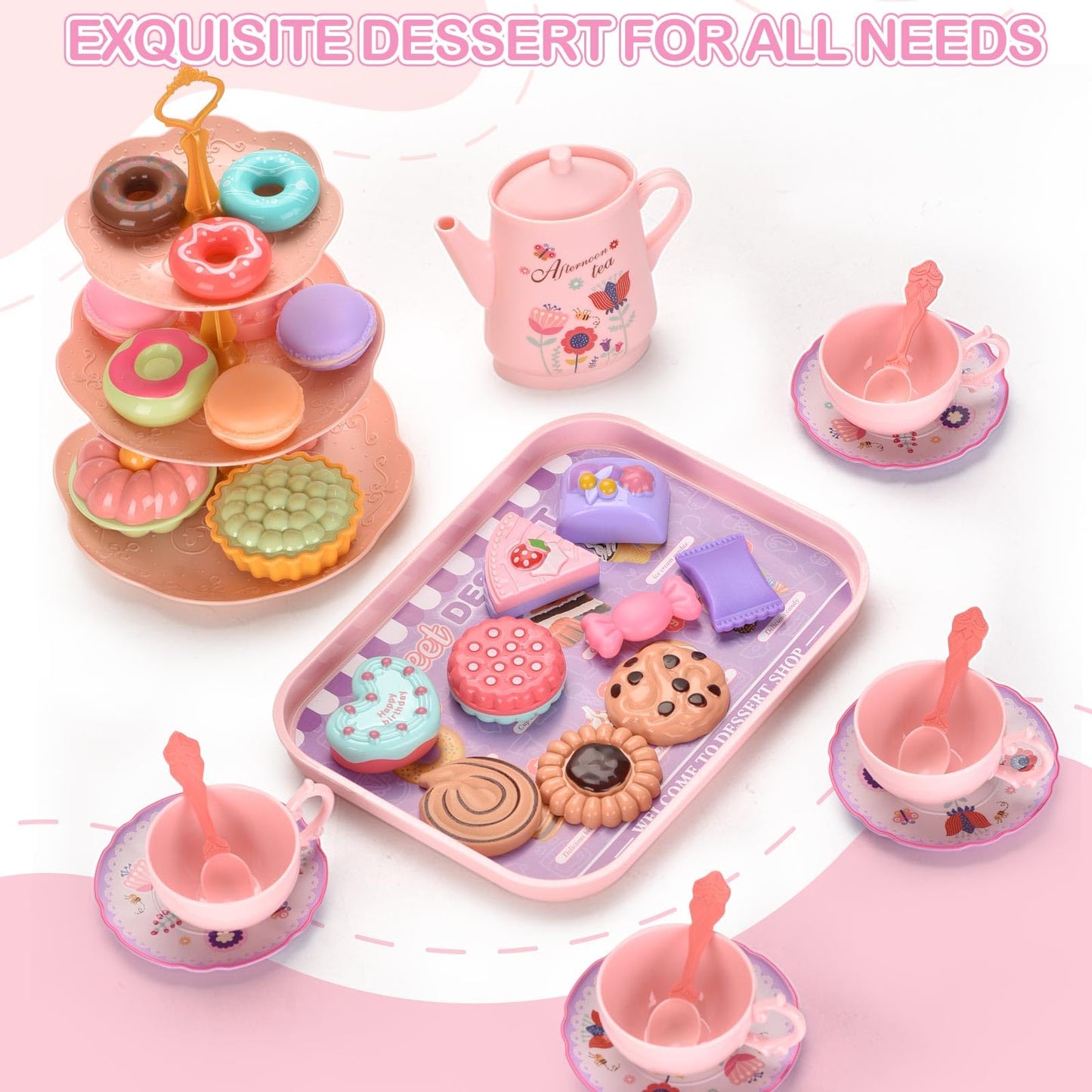 Lajeje 46pcs Kids Tea Party Set for Little Girls - Birthday Gift Toys for 3-8 Year Old Girls - Cute Princess Play Toddlers Tin T