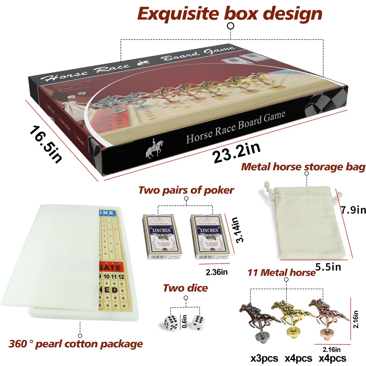 Large 21 Inches Horse Racing Board Game With 11 Luxury Metal Horses Thickened Wood Game Chessboard Including Dice And Cards Fini