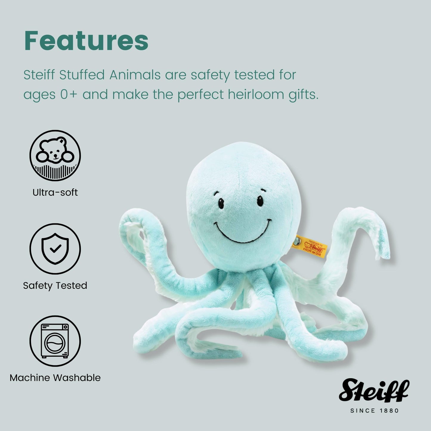 Steiff Ockto Octopus, Premium Octopus Stuffed Animal, Octopus Toys, Stuffed Octopus, Octopus Plush, Sea Stuffed Animals, Ocean Toys, Ocean Plush, Soft Cuddly Friends (Turquoise, 11')