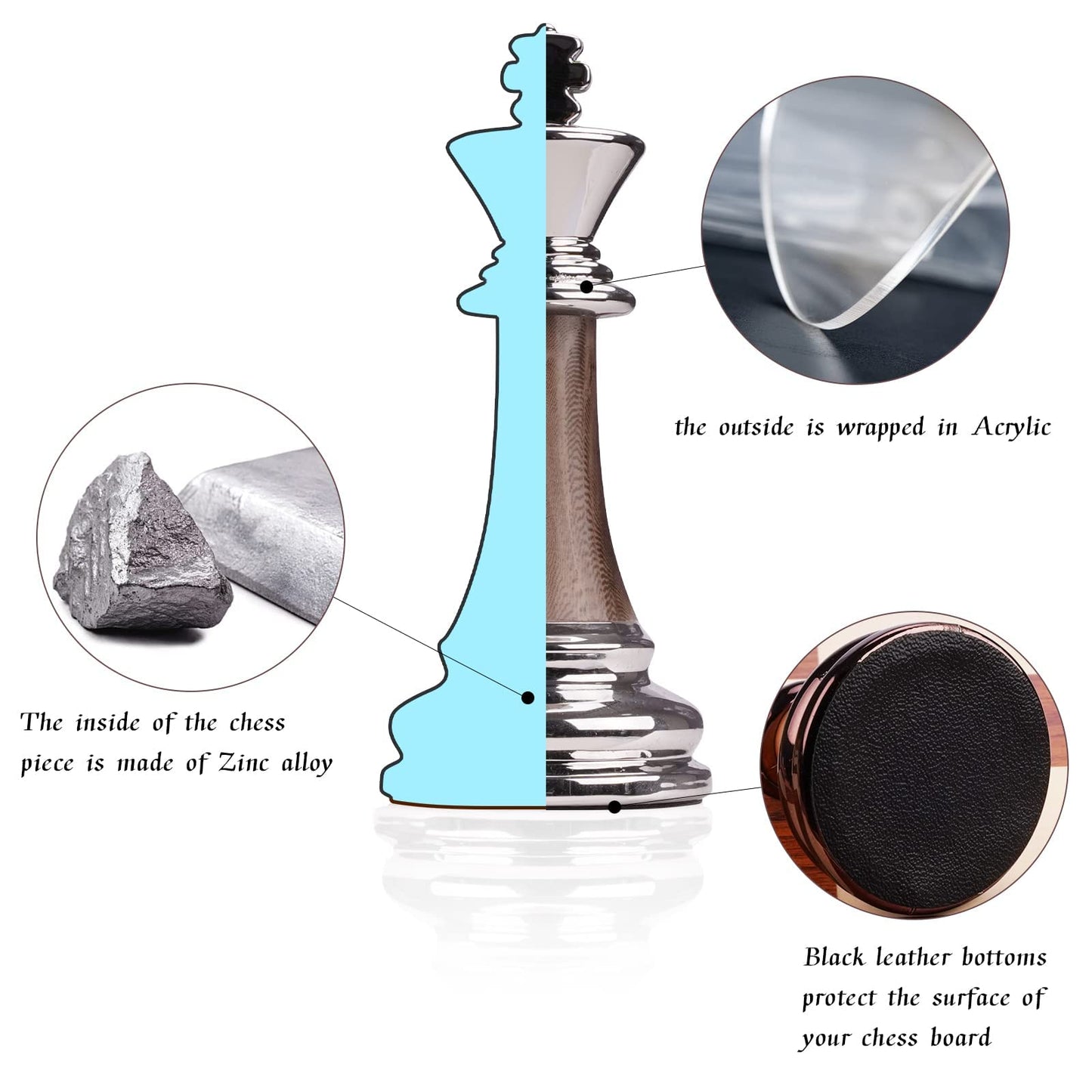 15'' Metal Chess Sets For Adults Kids With Zinc Alloy + Acrylic Chess Pieces & Portable Folding Wooden Chess Board Travel Chess