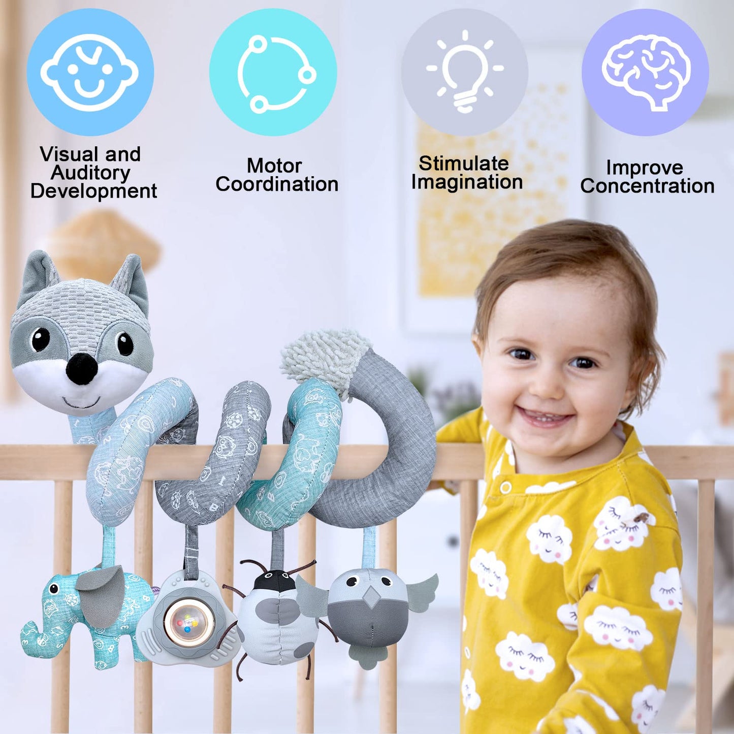 Monstime Car Seat Toys Newborn Toys, Stroller Toys Baby Toys 0-3 Months Infant Toys, Baby Toys For Carseat Stroller Crib With Music Rattle, Baby Toys For 0 3 6 9 12 Babies Boys Girls Enfants (Gray)