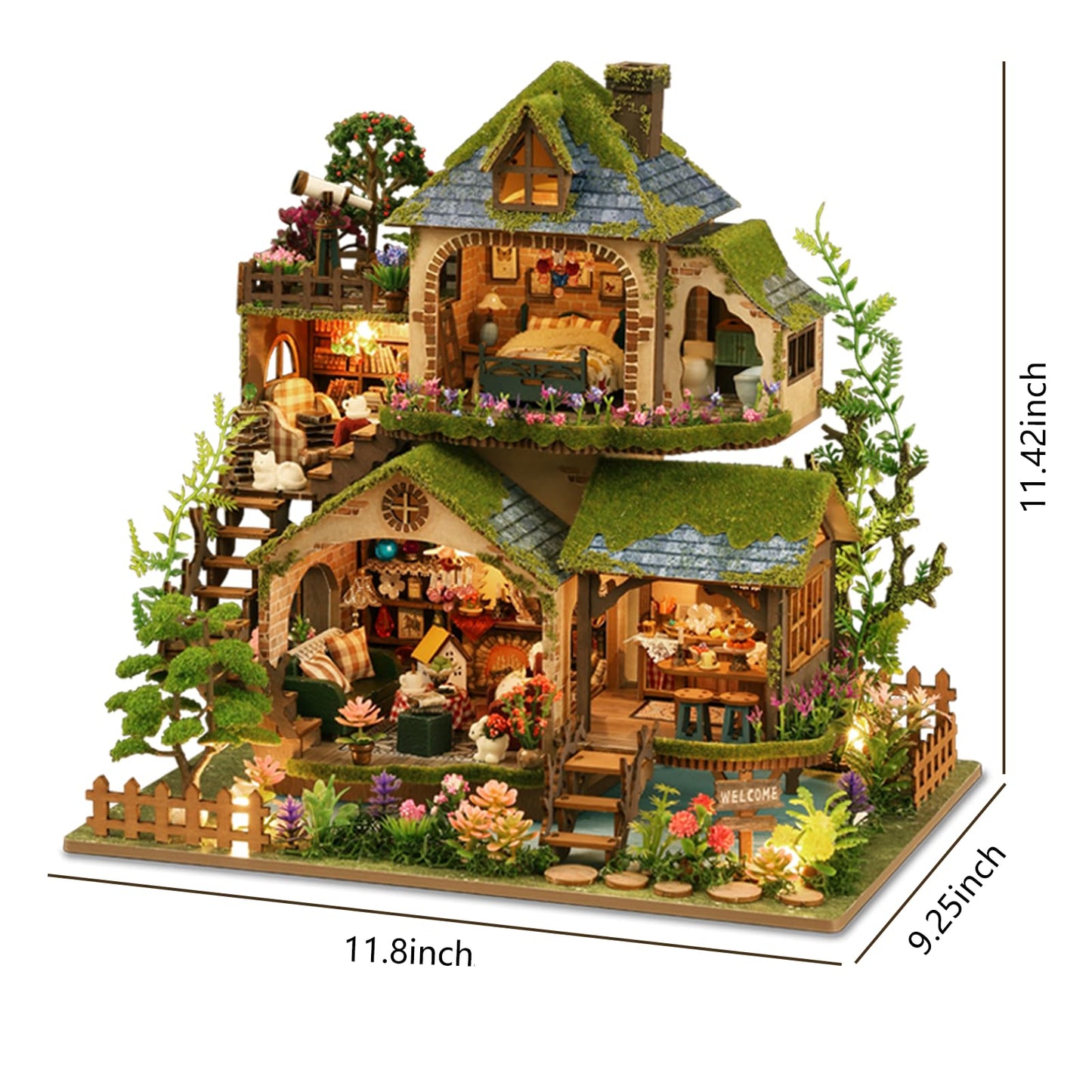 DIY Miniature House Kit - Mini House Building Kit for mature-themeds to Build Wooden Miniature Dollhouse Kit with LED Light Tiny Model mature-themed Crafts Doll House Miniature Kit Unique Gift Forest Adventure