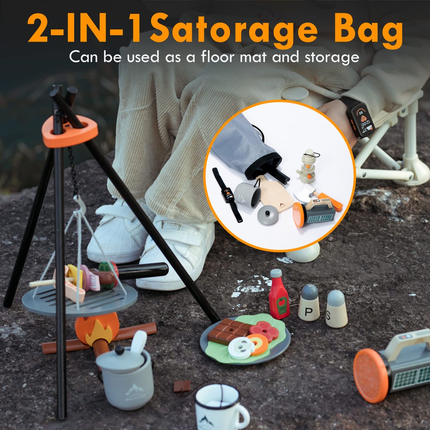 UMU Kids Camping Toys Set, Pretend Play with Campfire, Wooden Camping Playset Cutting Food for Play Kitchen Camping Gear for Kit