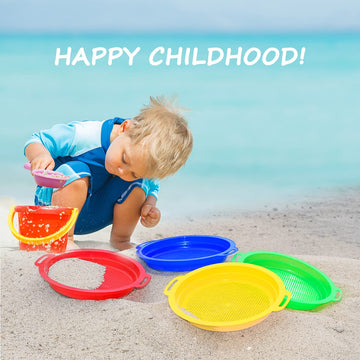 QINGLER Sand Sifters Sieve for The Beach Sand Toys (Red, Blue, Yellow & Green) Complete Gift Set Bundle-4Pack(8.75x 9.75in)