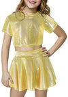 Happy Cherry 2Pcs Kids Girls Shiny Metallic Short Sleeve Crop Top with Pleated Skirt Set Dancewear Performance Costumes Gold 7-8