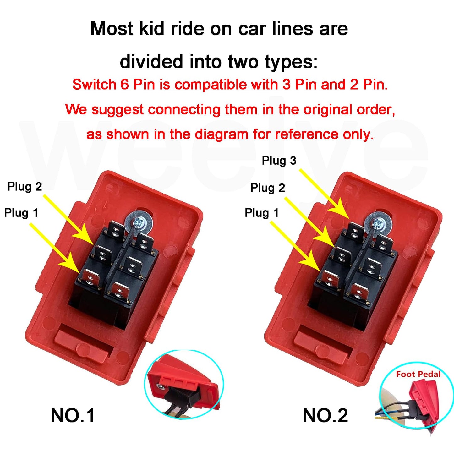 weelye Kids Electric Ride On Car Motorcycle Foot Switch, Automatic Reset, Replacement Parts for 6V/12V/24V, Black, Large