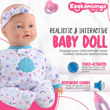 KOOKAMUNGA KIDS 16 Interactive Baby Doll - Realistic Touch-Activated Sounds, Moves, Breathes - Includes Toy Baby Bottle, Blue
