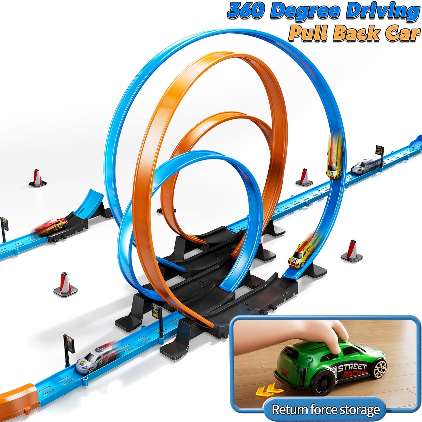 Lilybuds Toy Car Race Track Set For Boys Kids Age 3-5 4-7, Race Tracks With 4 High-Speed Pull Back Race Cars And Crash Zones, Ch