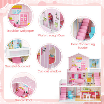 Costzon Wooden Dollhouse For Kids, 3-Story Semi-Open Doll House With 5 Rooms & 10 Pieces Furniture Set, Ladders & Balcony, Preschool Diy Pretend Play Dollhouse Toy, Gift For Girls & Boys Ages 3+
