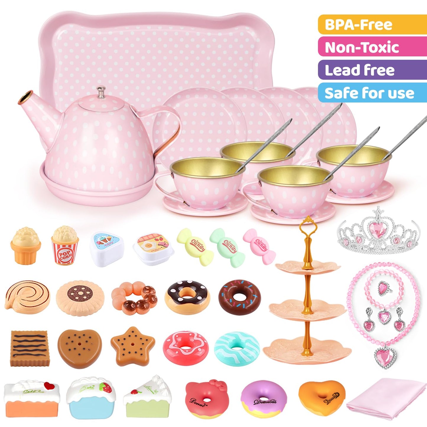 Tea Party Set for Little Girls, 49PCS Princess Tea Time Toys Including Tea Set Dessert Carrying Case, Kids Kitchen Pretend Plays