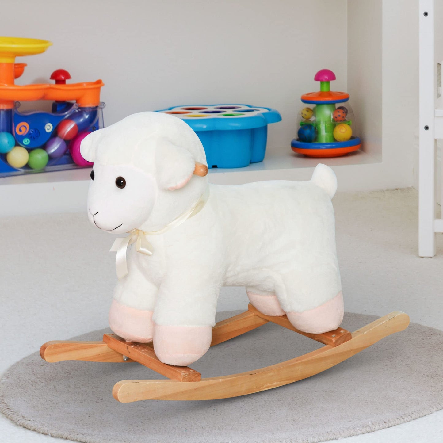Qaba Lamb Rocking Horse Sheep, Nursery Stuffed Animal Ride On Rocker For Kids, Wooden Plush, White