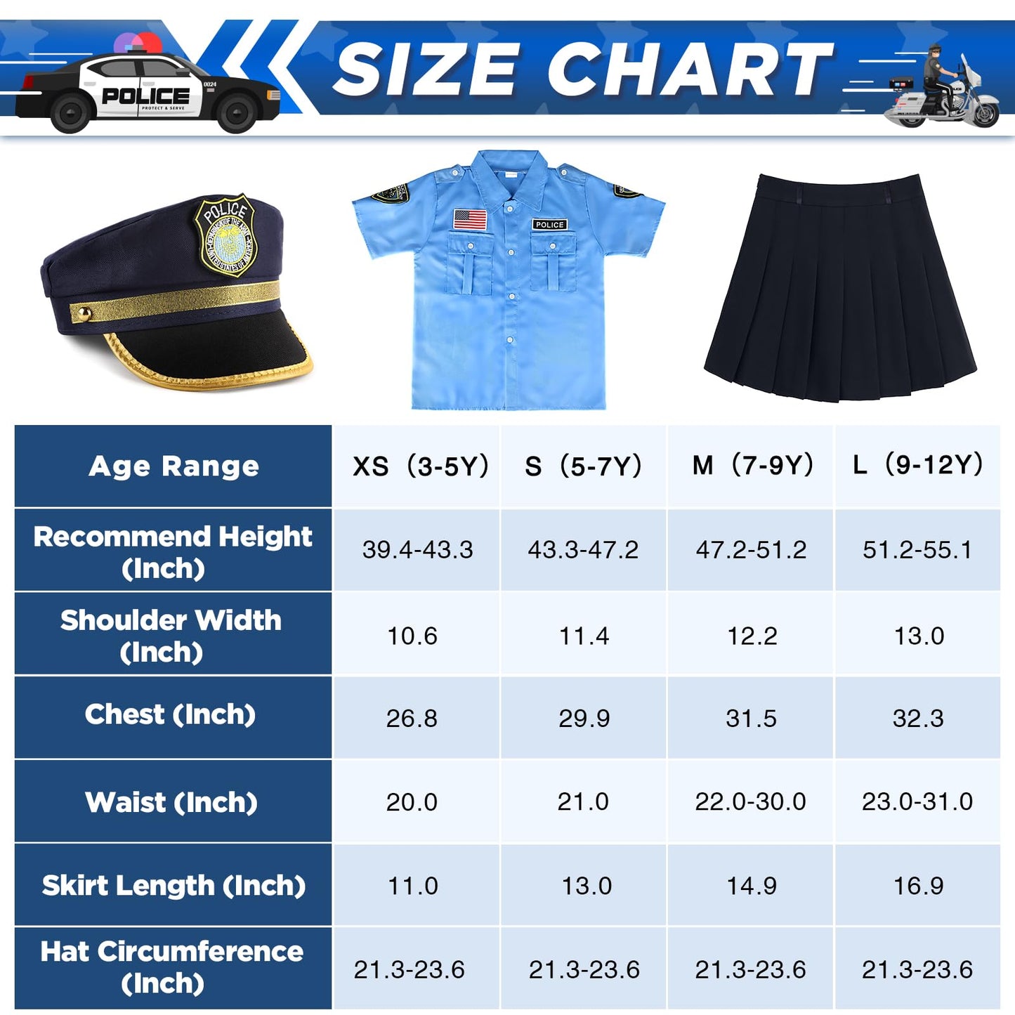 Loscola Police Officer Costume for Kids, Small Blue Cotton Outfit, 3-12 Years, GPC-S-US