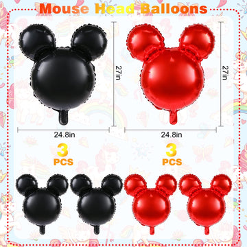 6 Pcs Mouse Head Balloons, 24'' Mouse Mylar Balloon Jumbo Mouse Head Aluminum Foil Balloons For Birthday Party Decorations Baby Shower Supplies Party Favors (Blackred)