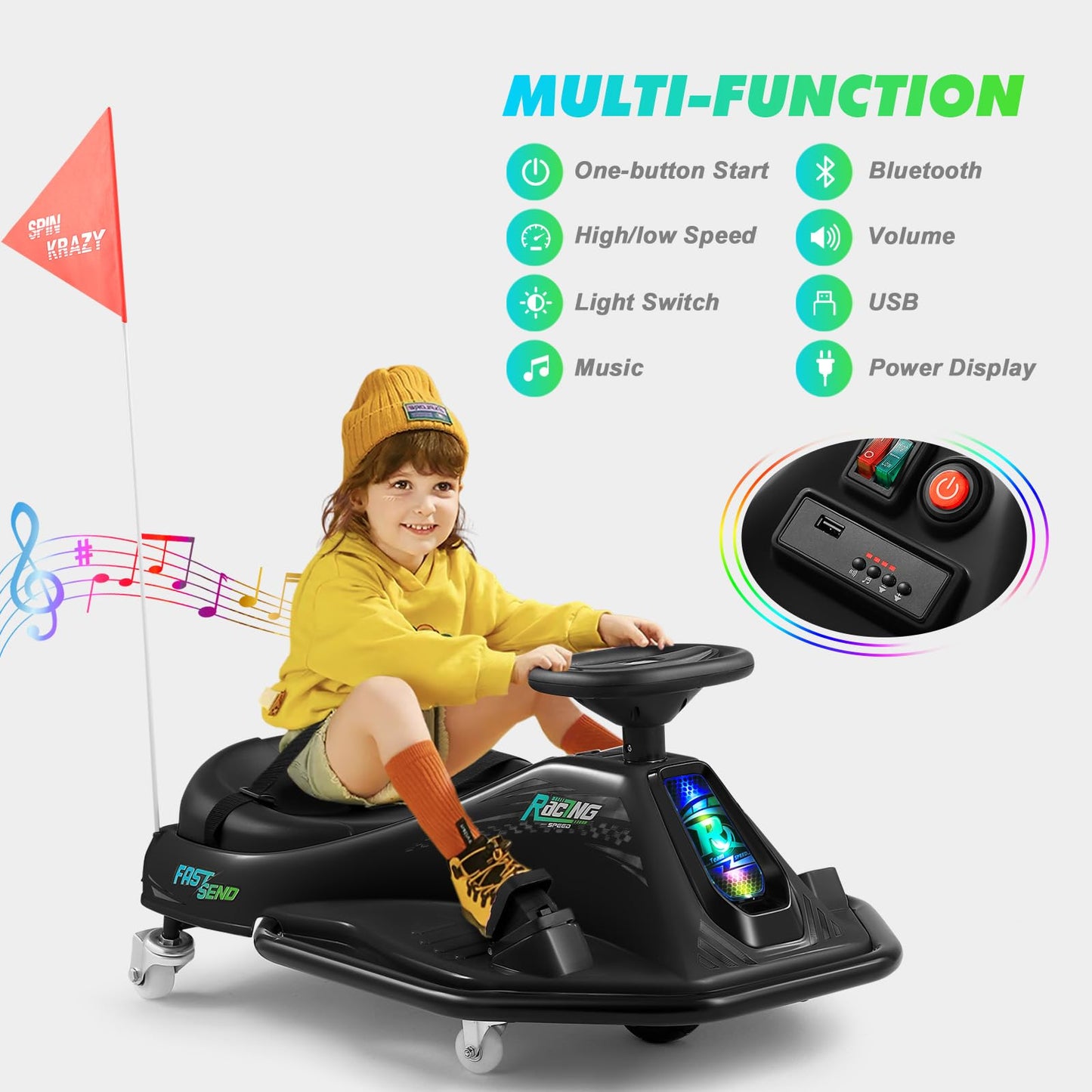 360 Degrees Rotating Ride On Drift Car And 2 Replacement Universal Wheels, 24V Electric Drifting Go Kart For Kids W/Brushless Mo