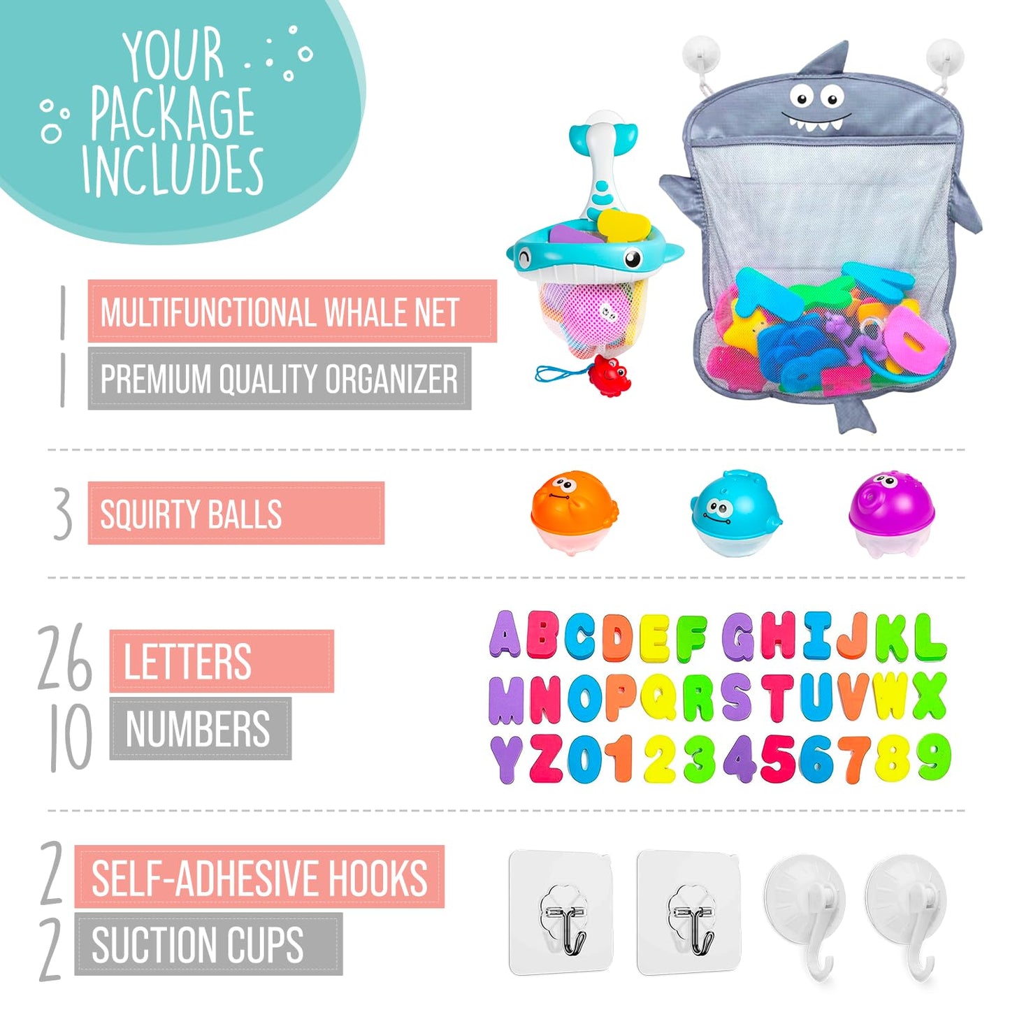 Comfylife Baby Bath Toy Organizer - Bath Toy Storage For Shower - Bathtub Toy Organizer Includes Foam Bath Toys (Numbers & Lette