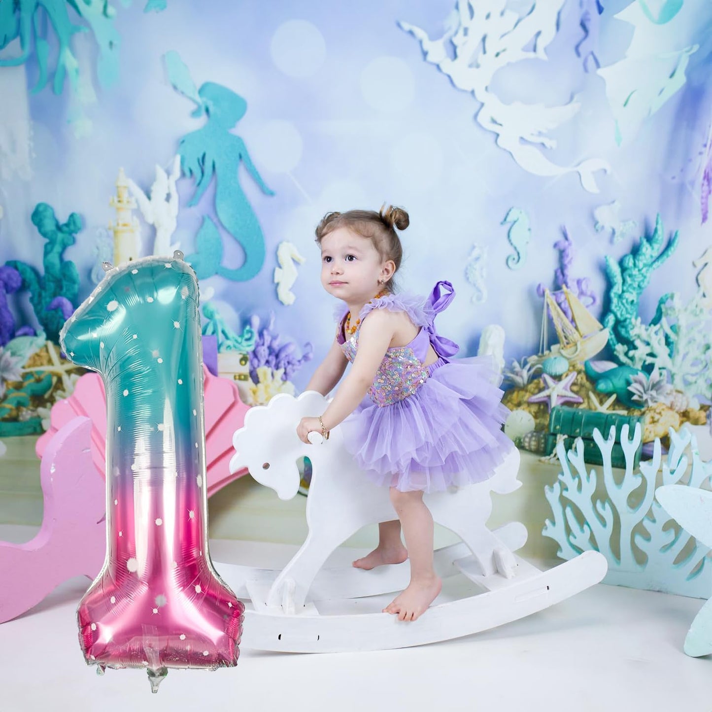 40 Inch Blue Pink Number 1 Balloon For 1St Birthday Decoration, Large Rainbow Mermaid Mylar Foil Number Balloons 0-9 For Girl, S