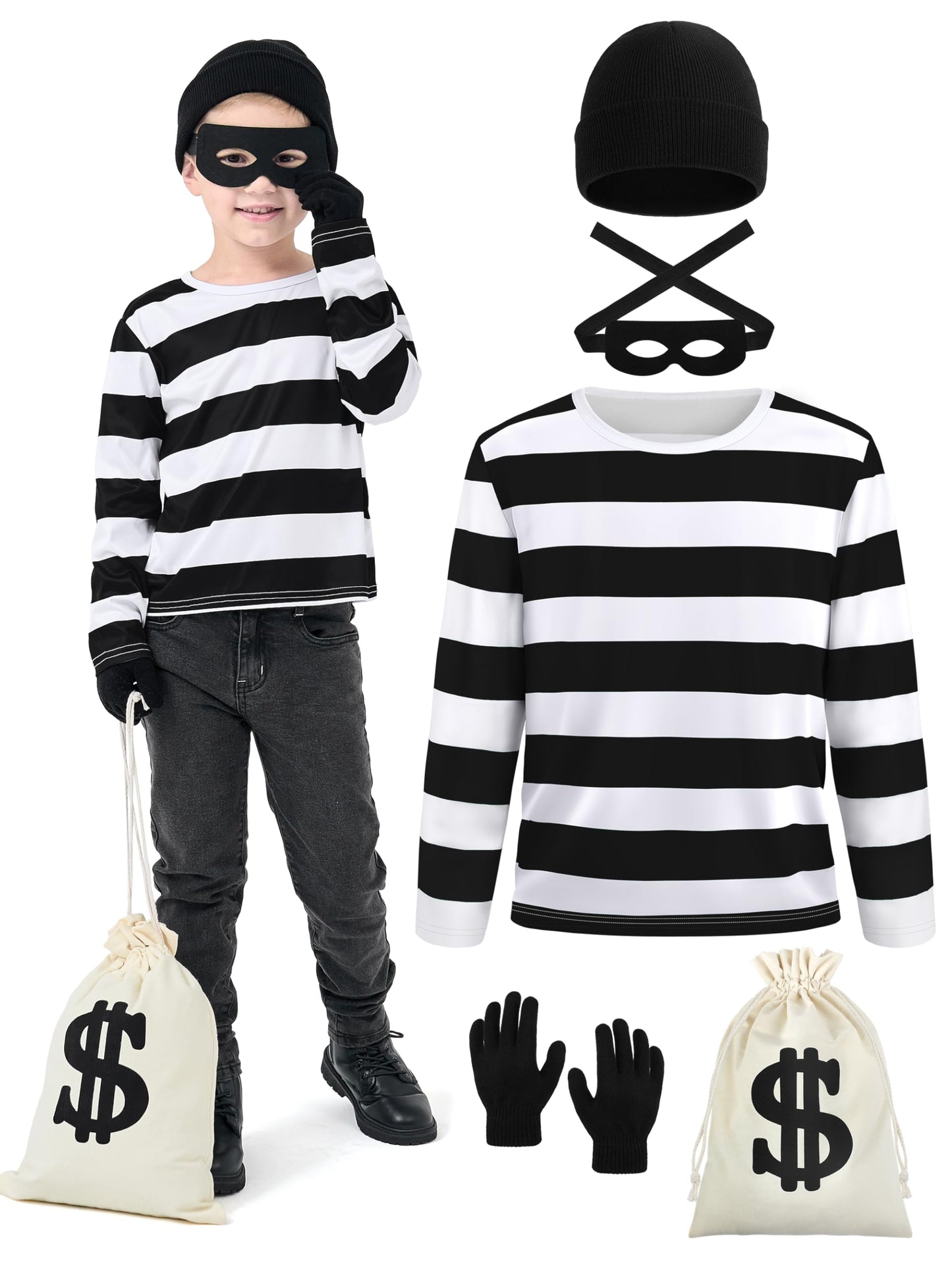 Fancyfun 5 Pcs Kids Halloween Costume Set, Boys Robber Costume Cosplay Set Burglar Accessories Striped Shirt Beanie Cap Mask 11-