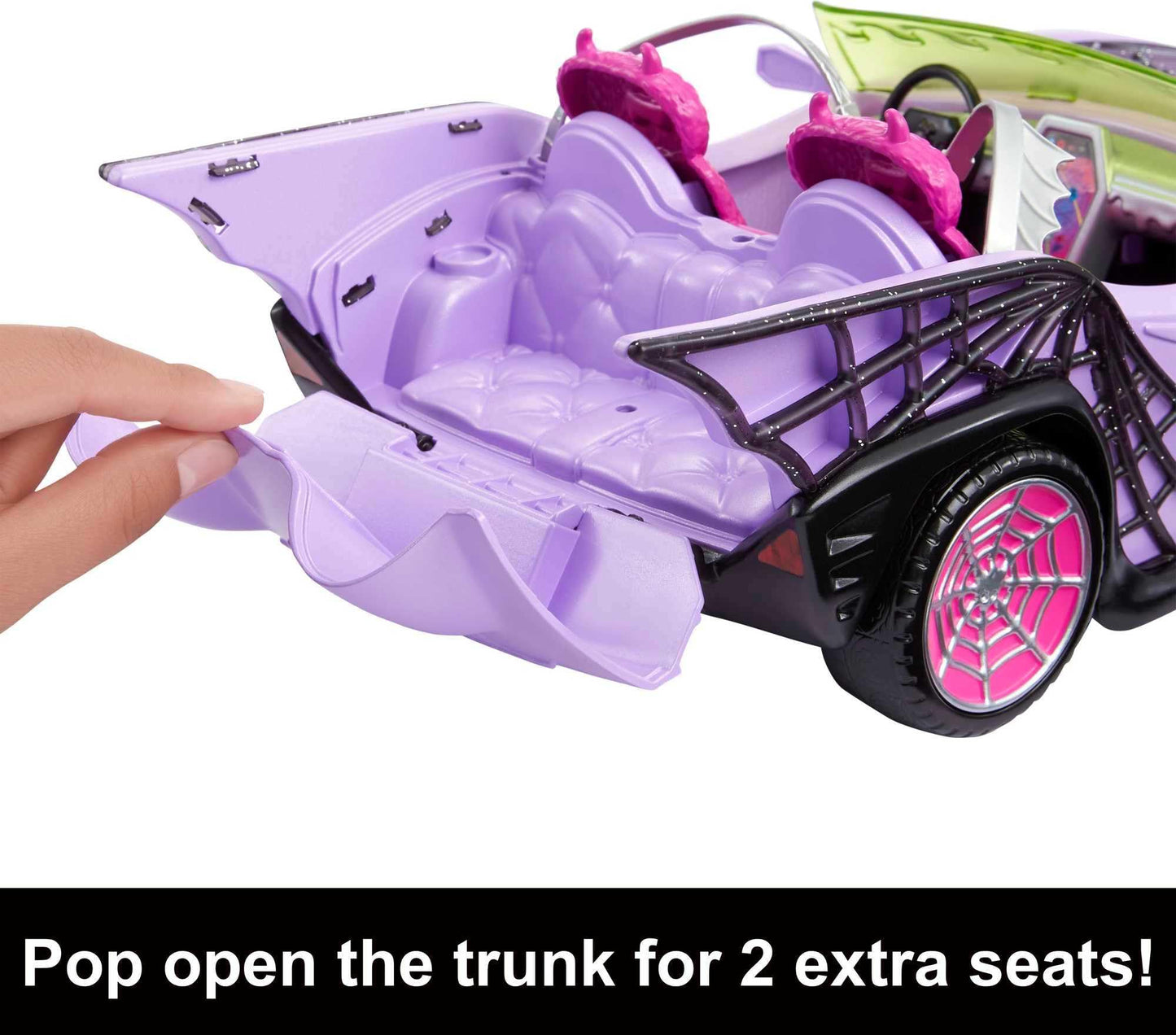 Monster High Toy Car, Ghoul Mobile with Pet & Cooler Accessories, Purple Doll-Sized Convertible with Spiderweb Details
