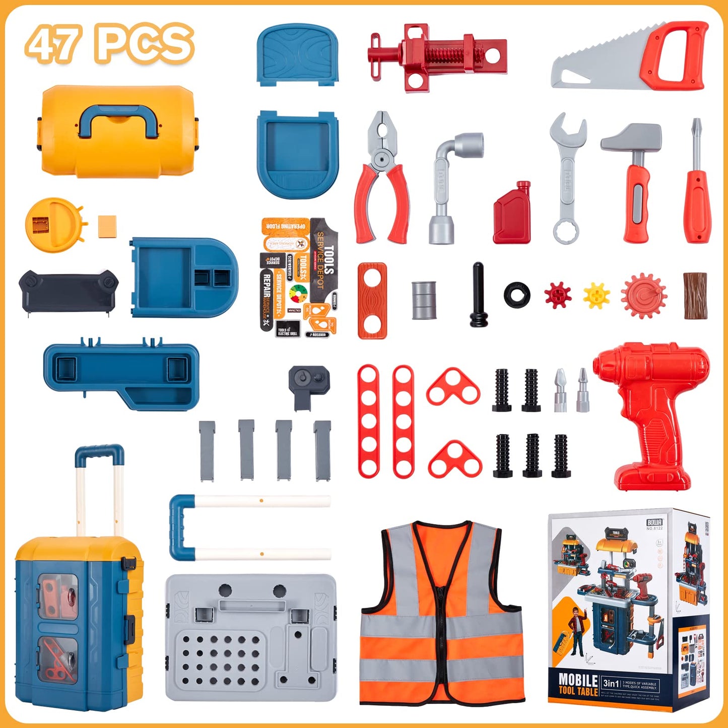 3 in 1 Kids Tool Bench -GEIYATOI, Toddler Workbench with Electric Drill and Realistic Toddler Tool Set for 2 3 4 5 6 Years Old B