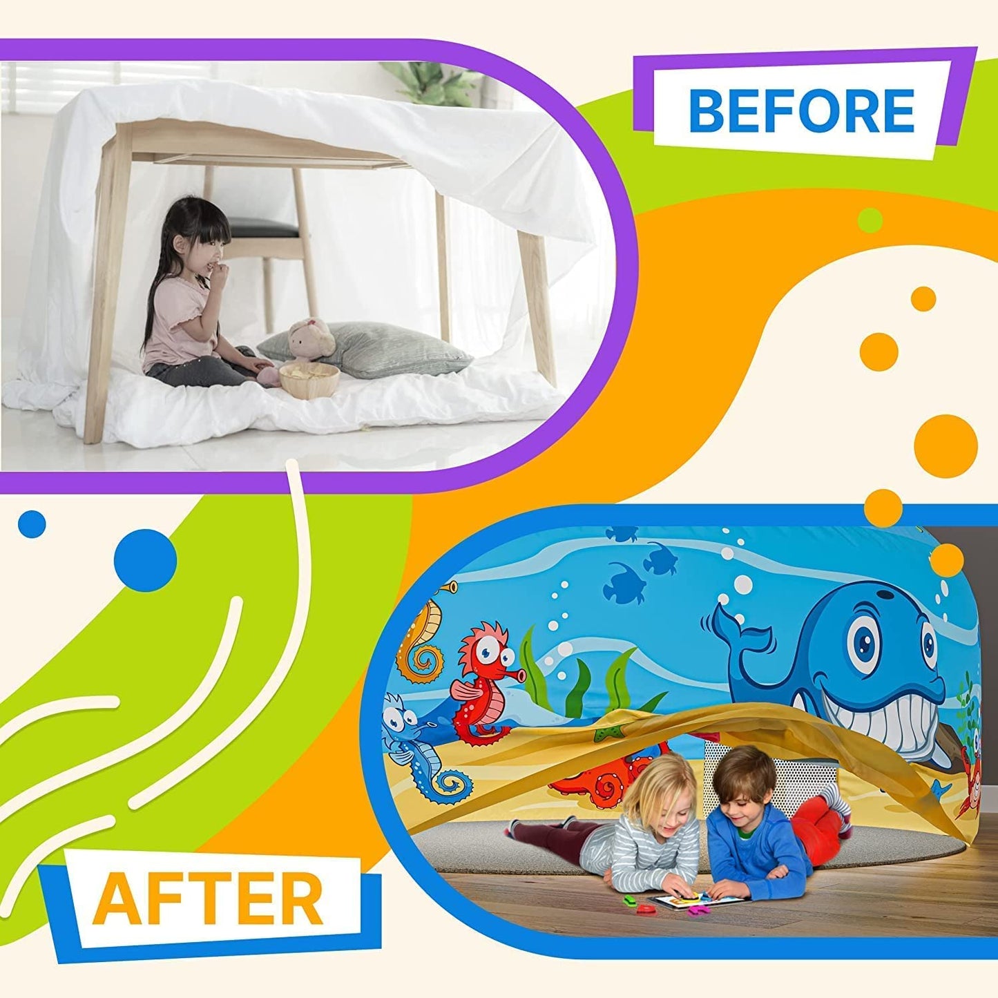 Skywin Air Tent Fort Playhouse for Kids (Ocean) - 2 Pack Classic Inflatable Kids Fort Sets Up and Stores Away in Seconds (Fan NO