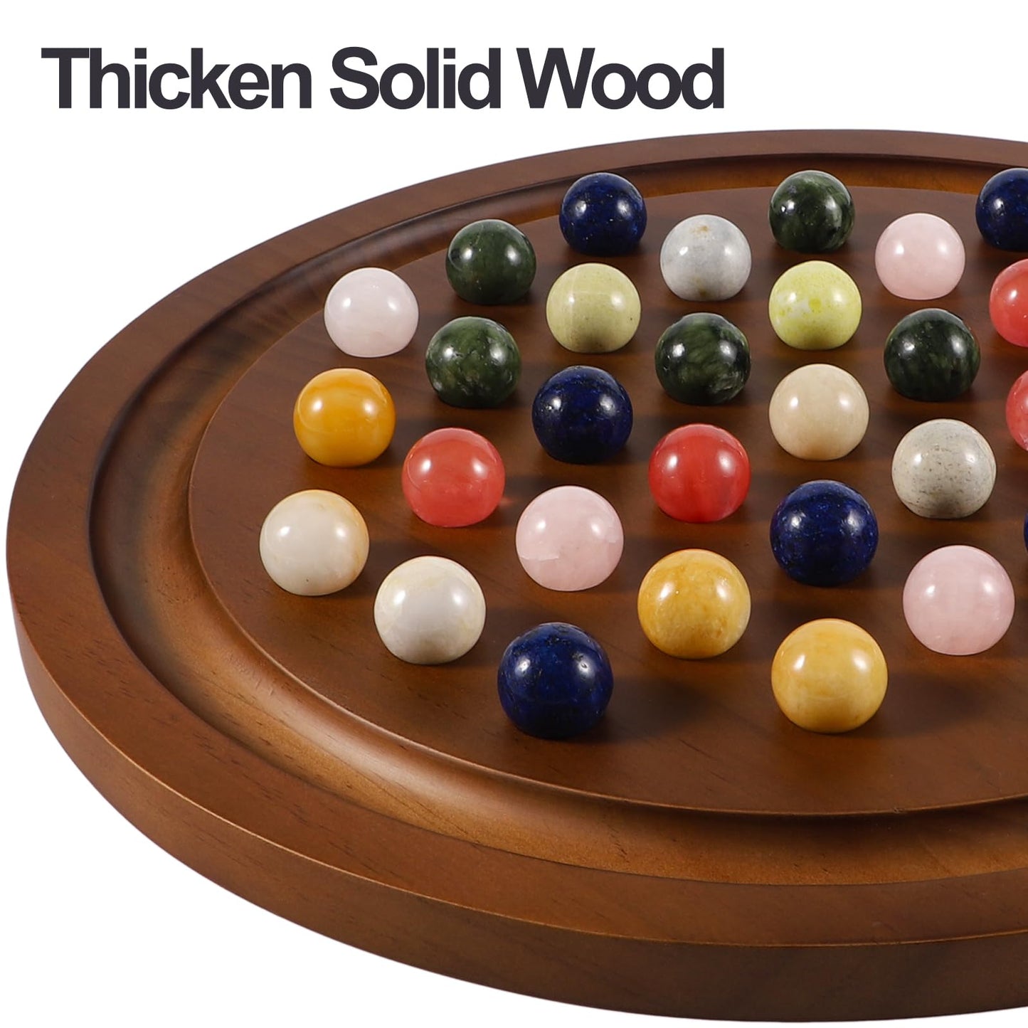Medikaison 15.7 Inches Extra Large Solitaire Marble Game Set Wood With 36 Multicolors Natural Stone Marbles Pieces Adults Classi