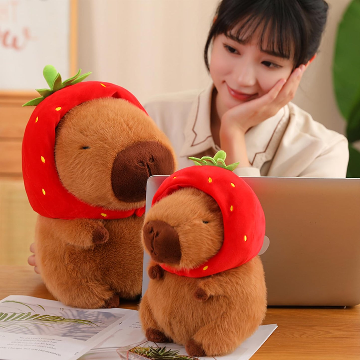 Lvqing Cute Capybar Stuffed Animals With Wearable Toast Headsetwear Capybar, Gifts For Kids (9 In Strawberry Capybar)