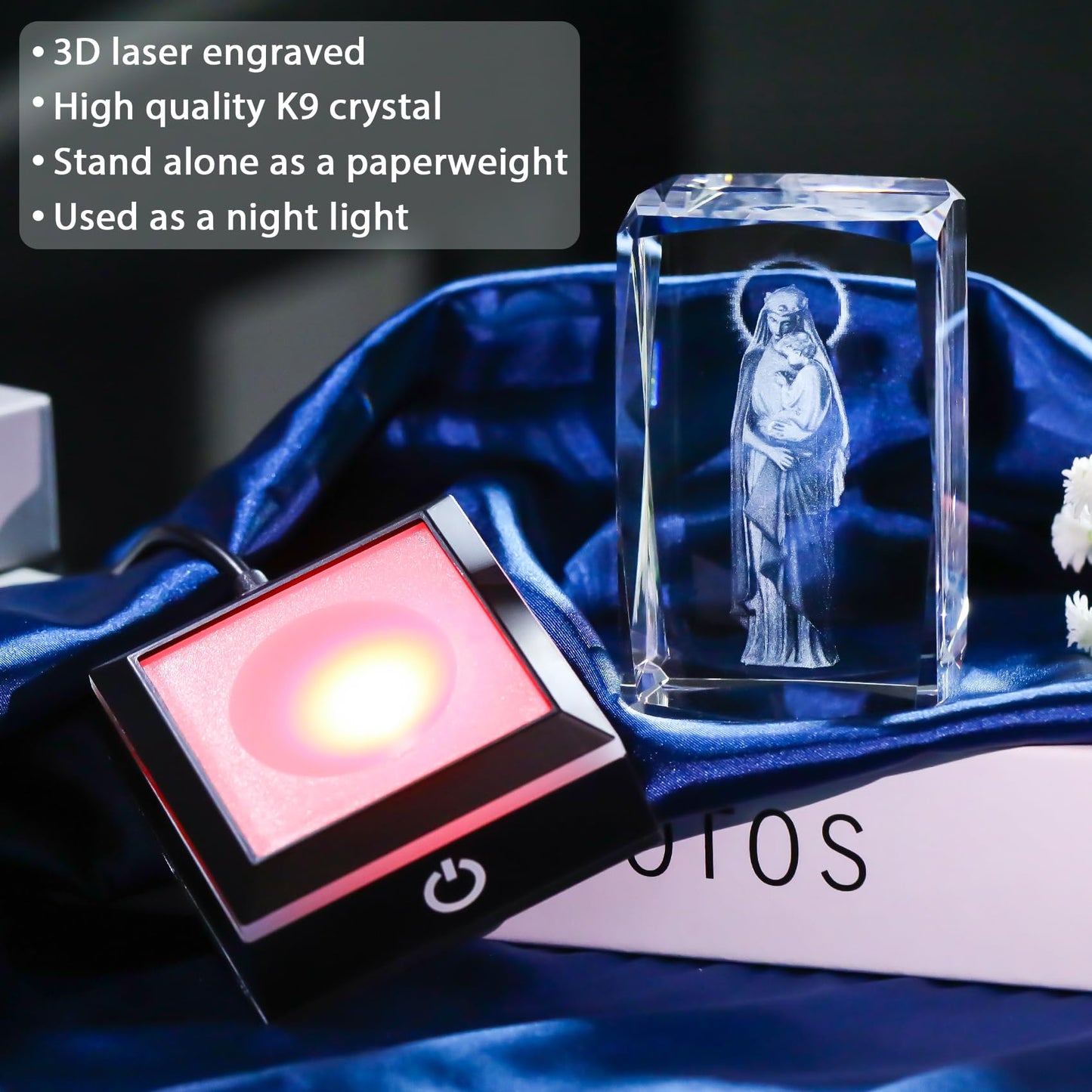 Movdyka Virgin Mary Night Light - 3D Laser Engraved Crystal Cube, 50mm x 50mm x 80mm, Color-Changing LED Base, Model 558