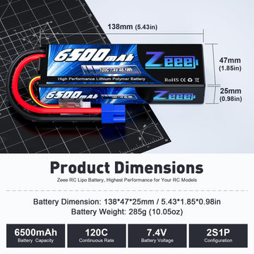 Zeee 2S Lipo Battery 6500mAh 120C 7.4V Hard Case Battery with EC3 Connector for RC Vehicles RC Car Truck Truggy 1/10 Scale Racin