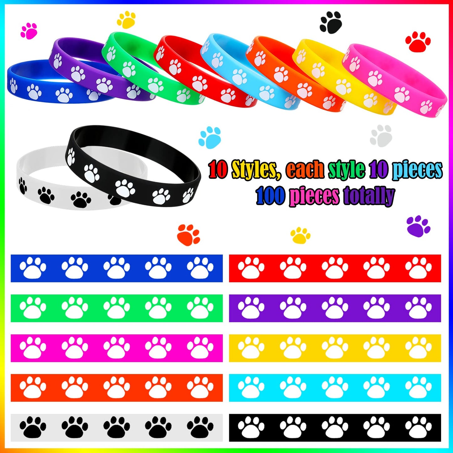 Funtery 100 Pcs Paw Print Rubber Bracelet Silicone Stretch Wristbands Dog Paw Silicone Bracelet Rubber Wristbands Dog Party Favo