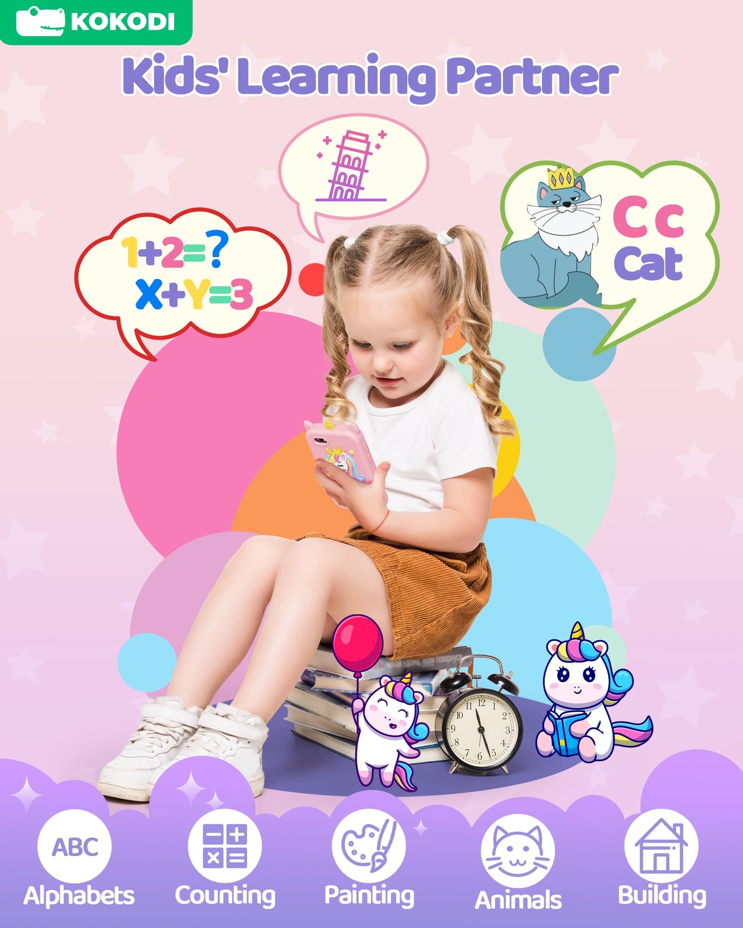 KOKODI Kids Smart Phone Toys, Birthday Gifts Unicorn Toddler Play Phone for Girls 3-10, Touchscreen HD Dual Camera Cell Phone fo