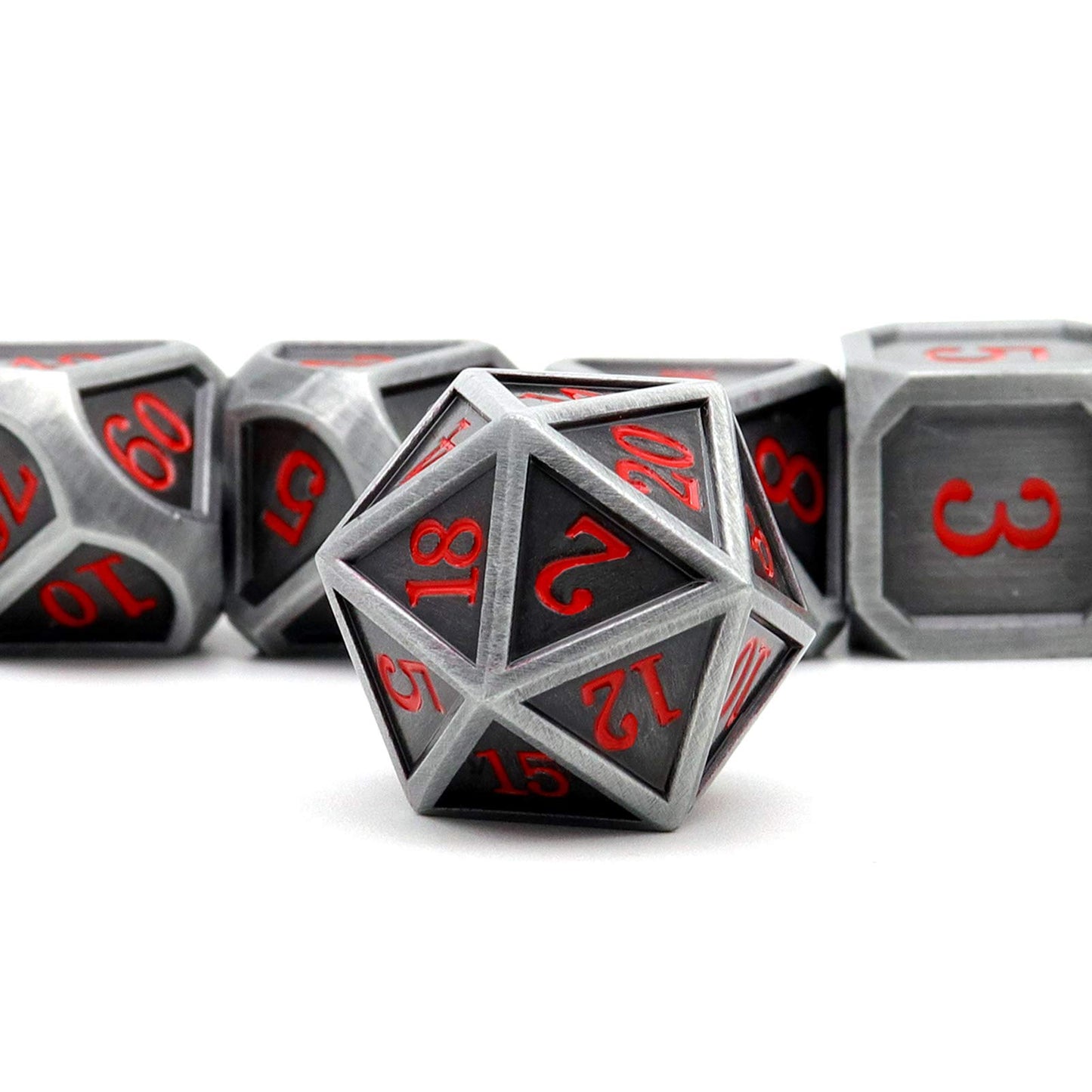 Haxtec Ancient Silver Metal DND Dice Set D&D 7PCS Large Rounded Antiue Iron RPG Dice Red Numbers for Dungeons and Dragons TTRPG