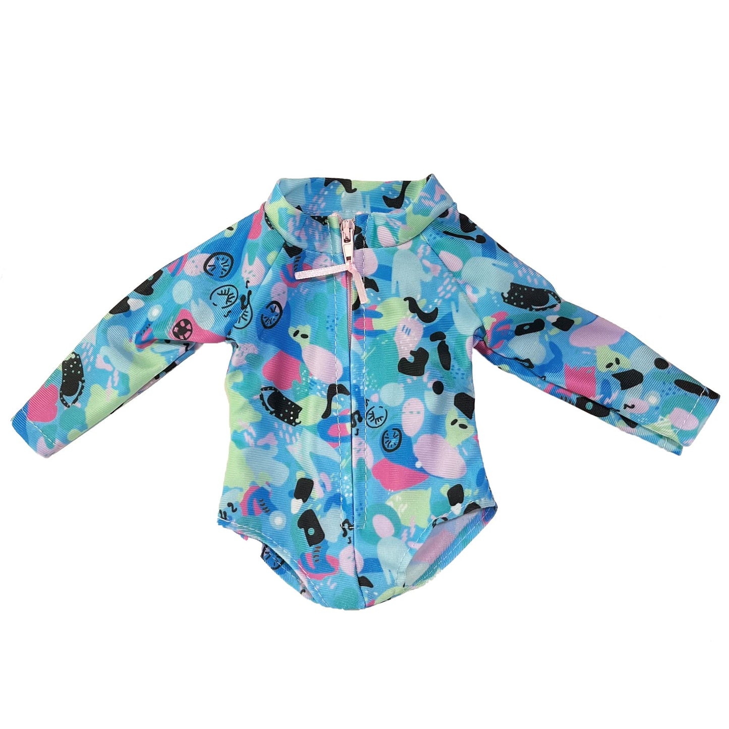 Sophia'S Colorful Collage Print Long Sleeve Rash Guard Style Surfer Swimsuit With Zipper And High Collar For 18' Dolls, Blue