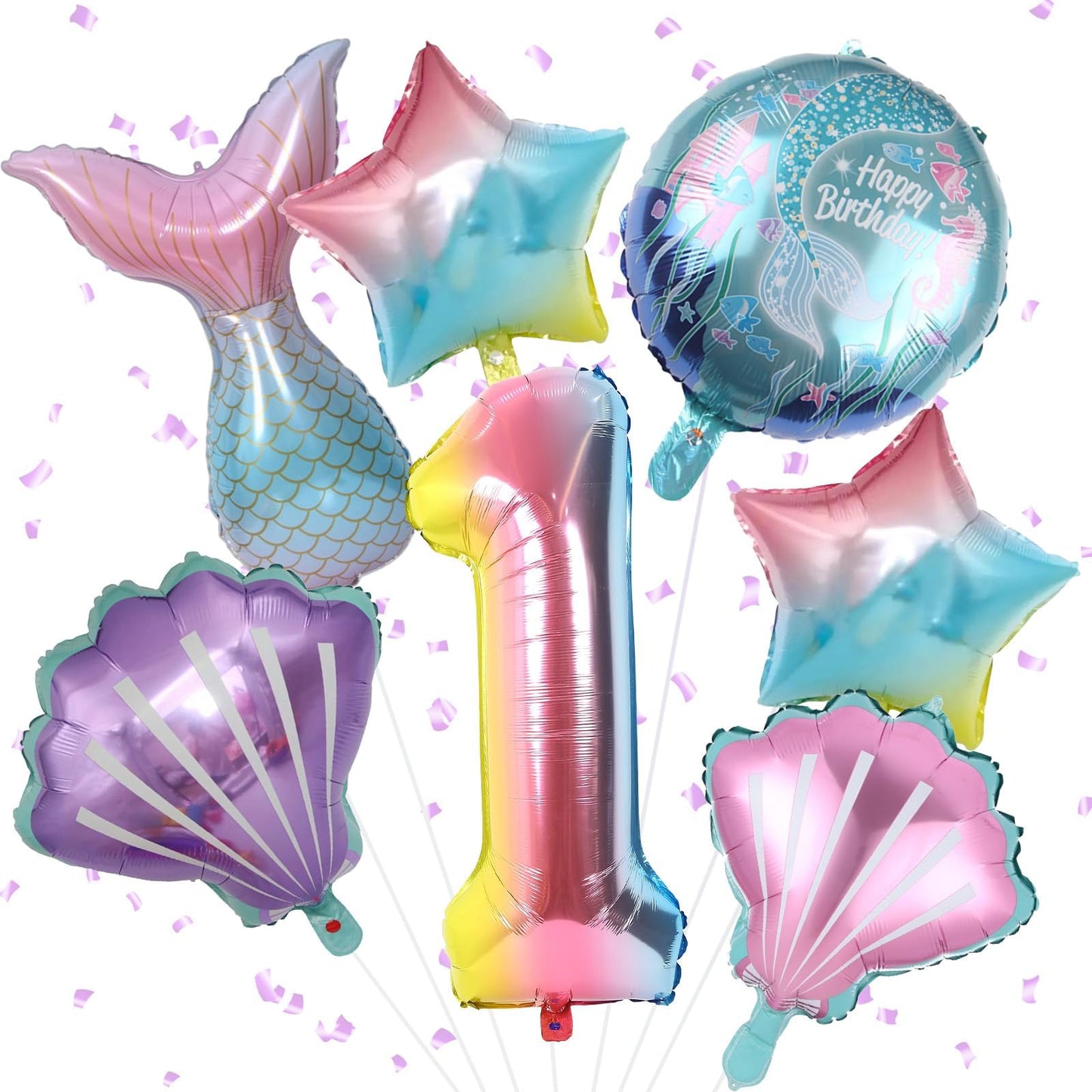 Mermaid 1St Birthday Decorations, 8Pcs Mermaid Party Decorations Balloons, 40 Inch Rainbow Number 1 Balloon, Large Helium Foil Mermaid Tail Balloon, Seashell Balloons For Girls' 1St Birthday Party