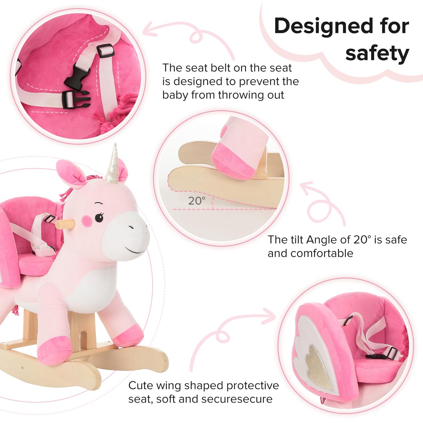 labebe Baby Rocking Horse, Plush Unicorn Ride-On Toy for 6 Months to 3 Years, Pink, Model HY1720004-BLW