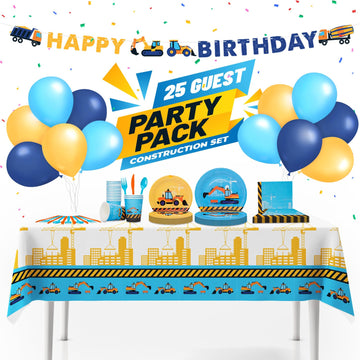 Construction Birthday Party Supplies Set | Baby Boy Toddler Kids Dump Truck Car Tractor Transportation Decorations – Cups Plates Signs Napkins Tablecloth – Decorations For Boys And Girls – Serves 25