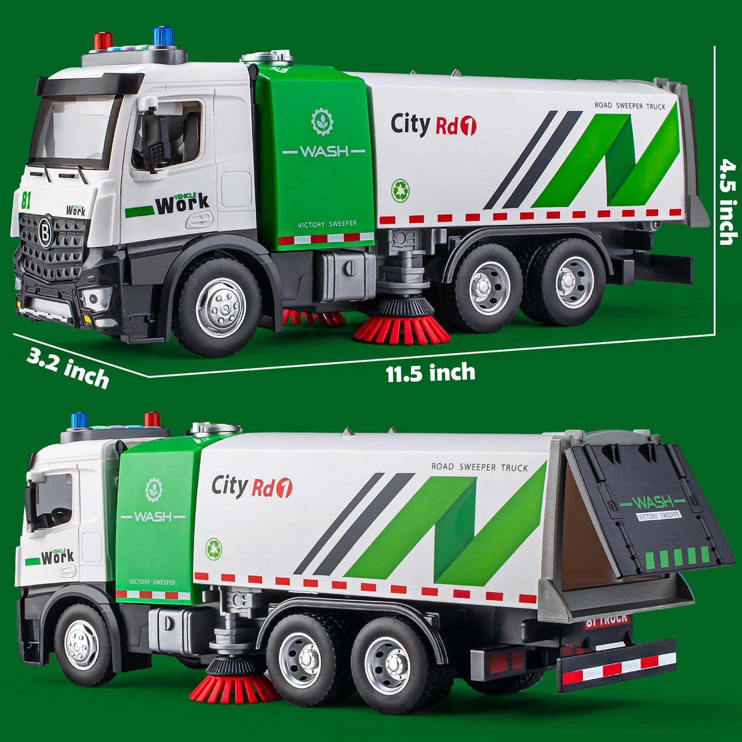 Street Sweeper Truck with Open-able Doors, 11.5'' Big Trash Truck with Lights and Sounds, Friction Powered Garbage Truck Toys Gi