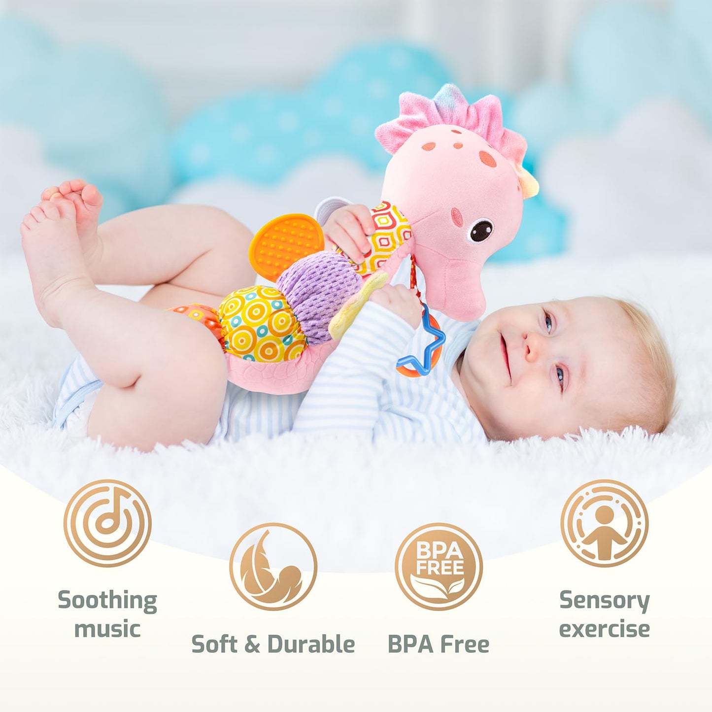 Sumobaby Infant Baby Musical Stuffed Animal Activity Soft Toys With Multi-Sensory Crinkle, Rattle And Textures, For Tummy Time Newborn 0-3-6-12 Months Girls,Seahorses, Pink