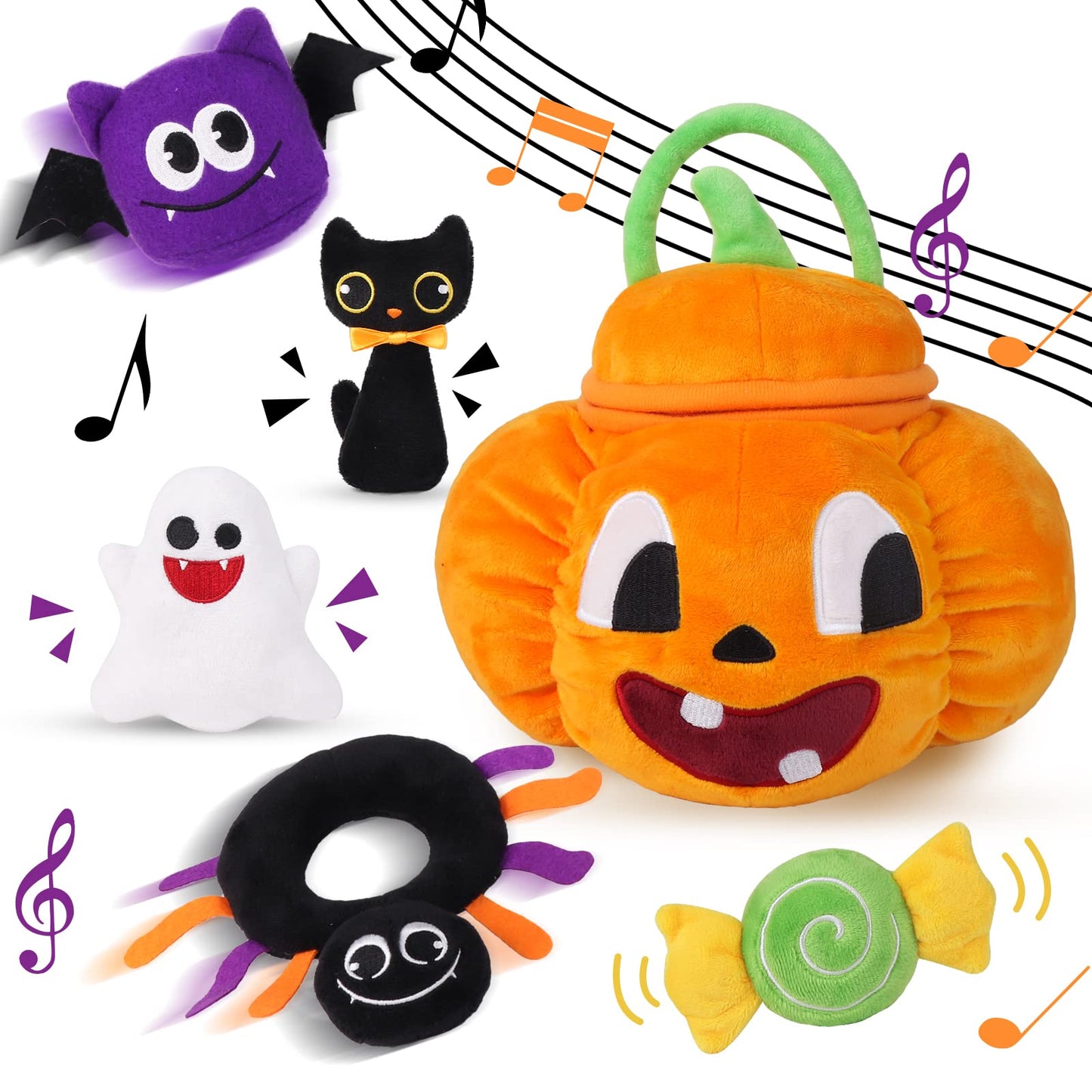 Bunny Chorus My First Halloween Plush Pumpkin Playset, Stuffed Pumpkin Cat Spider Ghost Candy with Multi Sensory Rattles, for Baby Girls Boys -Like New