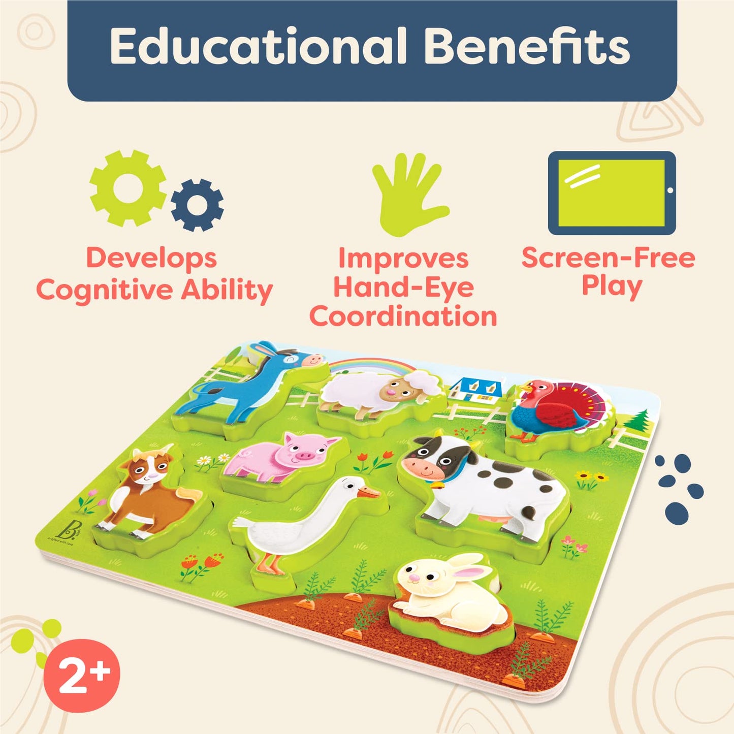 B. Toys- Peek & Explore - Farm Animals- Wooden Puzzle – Chunky Puzzle For Toddlers, Kids – Farm Animal Puzzle – Cow, Sheep, Pig & More – 2 Years +