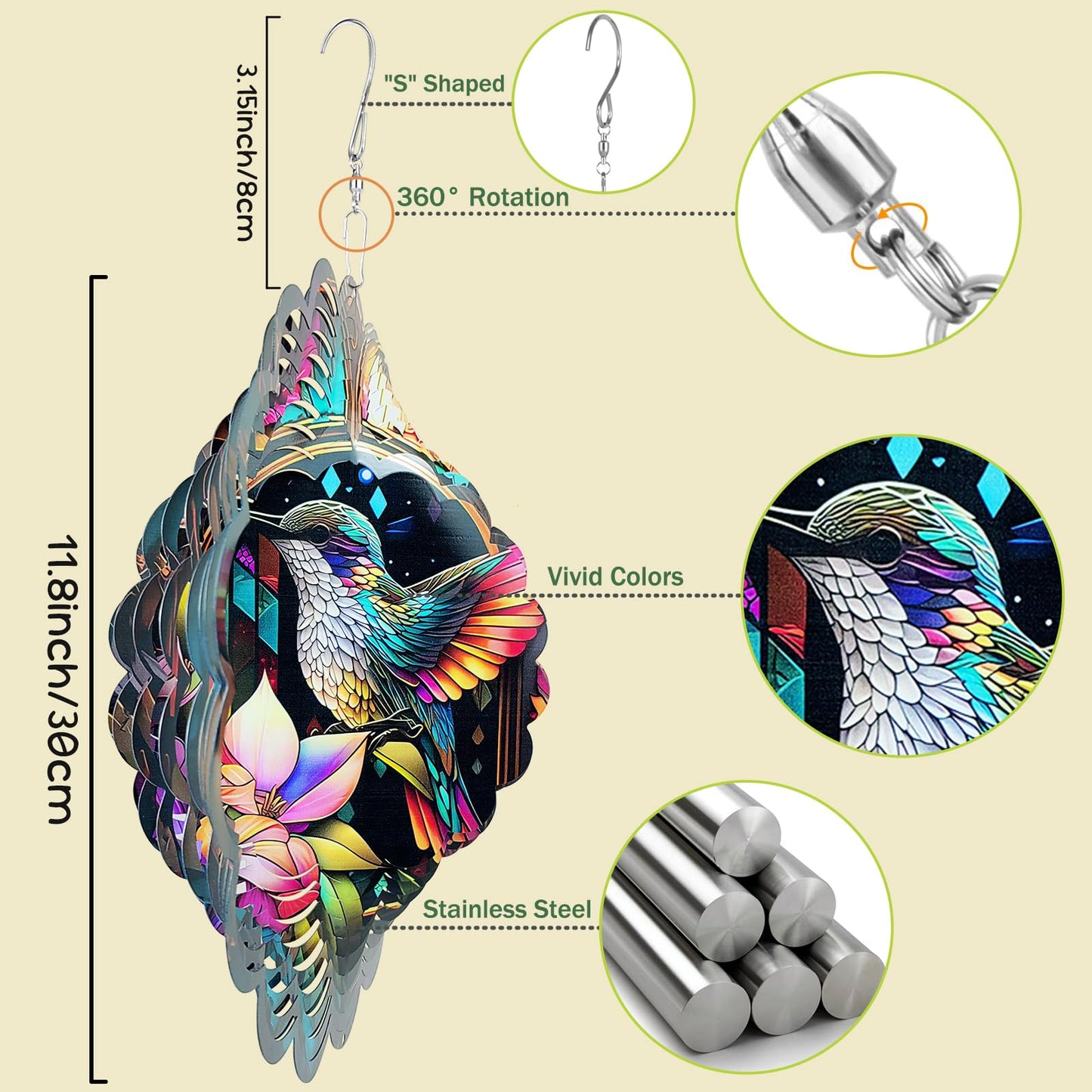 Wind Spinners Art Hummingbird 12 Inch 3D Stainless Steel Laser Cut Metal Art Geometric Pattern Wind Sculpture Hanging For Yard G