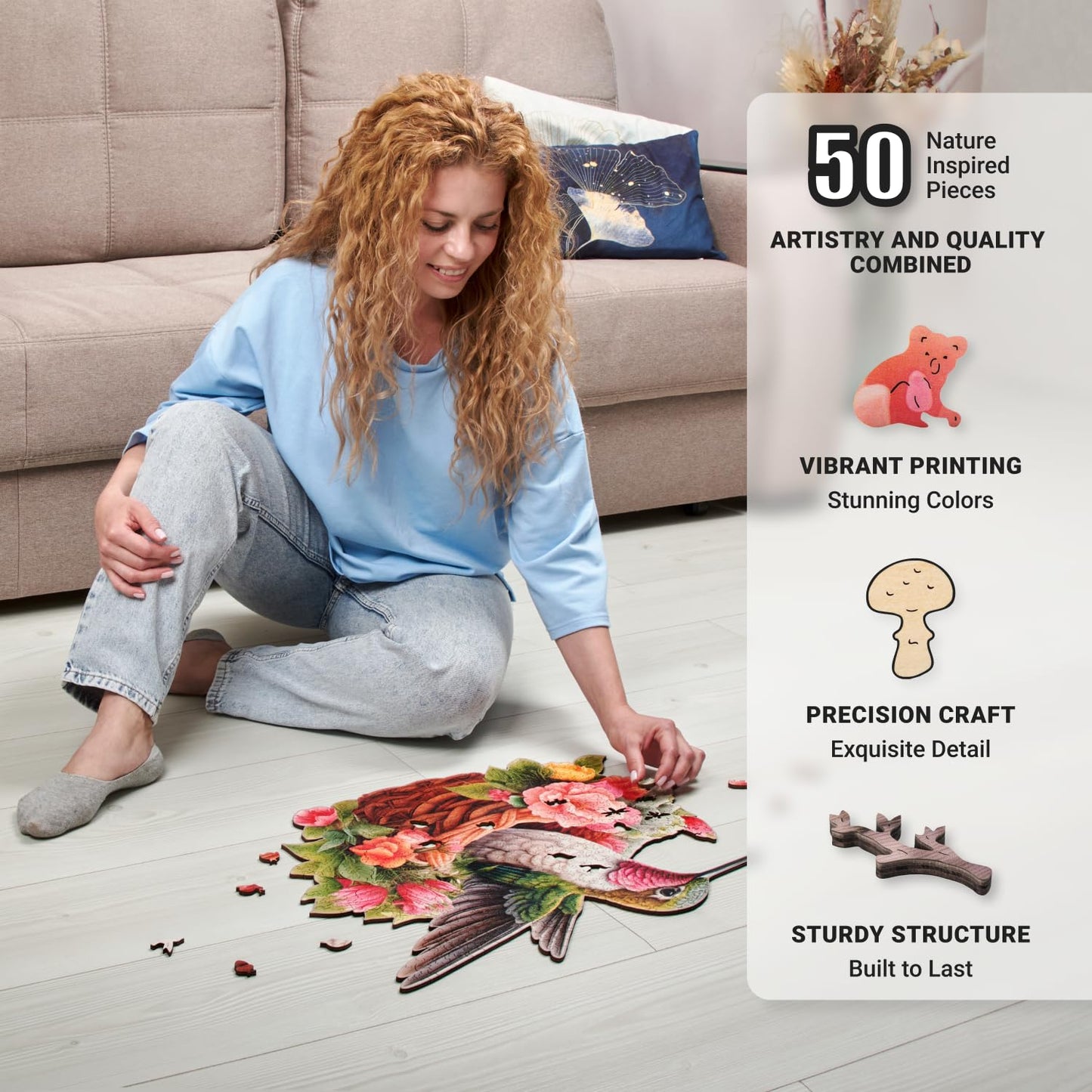 Wooden Puzzles For Adults 500 Piece - Hummingbird Puzzle – Unique Animal Shaped Pieces, Extra-Thick 5Mm Wood, Challenging & Fun Jigsaw For Puzzle Enthusiasts By Leogor, Xl Size 21.1' X 17.7'