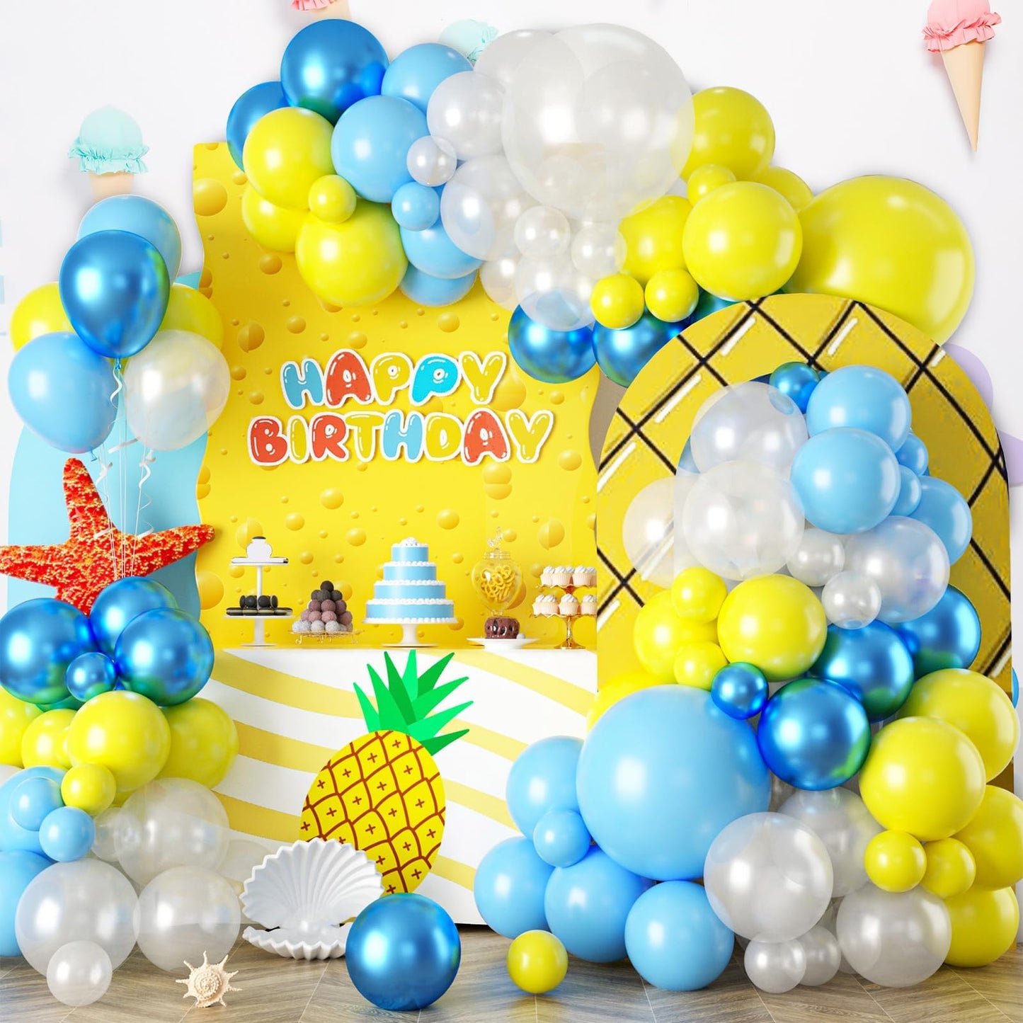 Yellow Blue Clear Balloon, 60 Pcs 12 Inches Metallic Blue Sponge Theme Balloons For Kids Cartoon Sponge Party Decorations Birthday Balloons Baby Shower Engagement Party Supplies