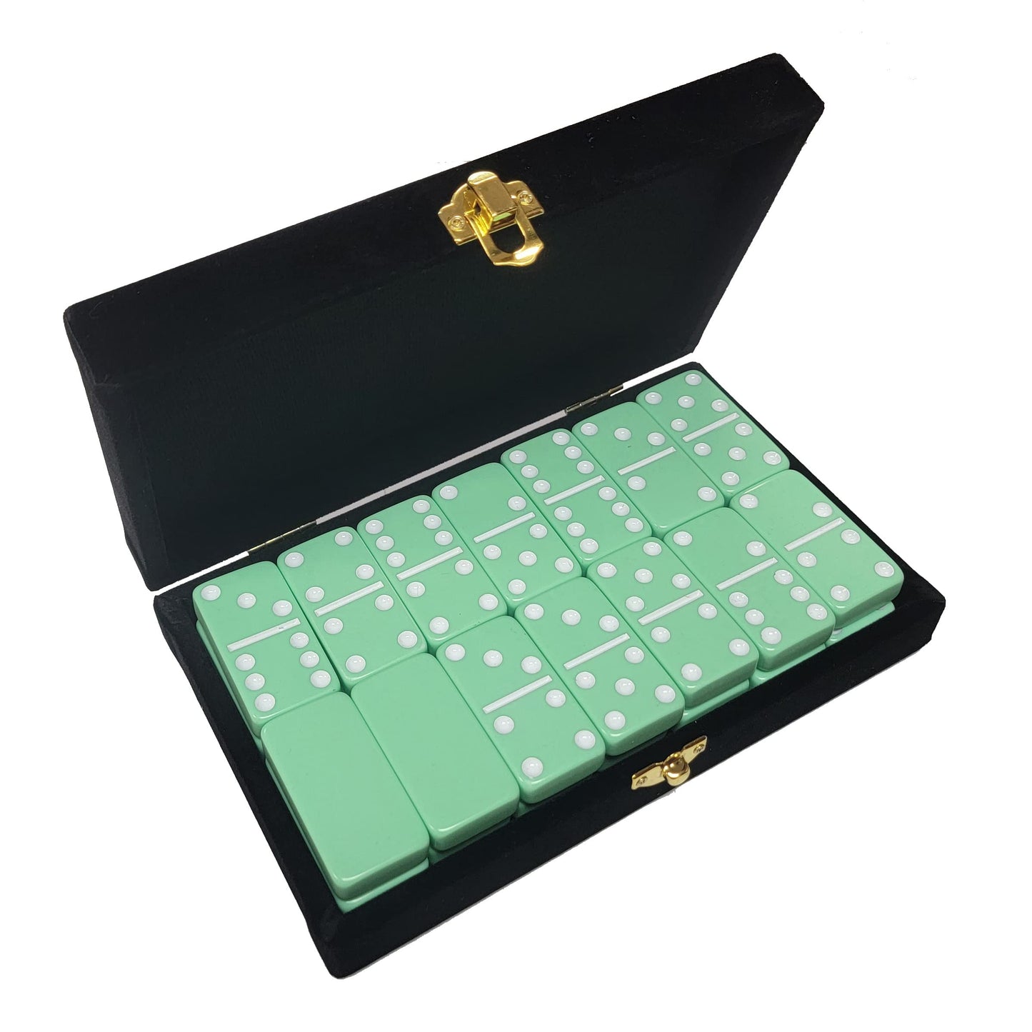 Domino Double 6 Pastel Mint Green Jumbo Tournament Professional Size In Elegant Black Velvet Case.