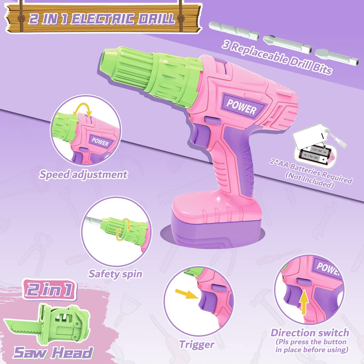 Kids Tool Set for Girls - Toddler Tool Set with Toy Chainsaw, Electric Toy Drill, Pretend Play Construction Tools Toy Gifts for