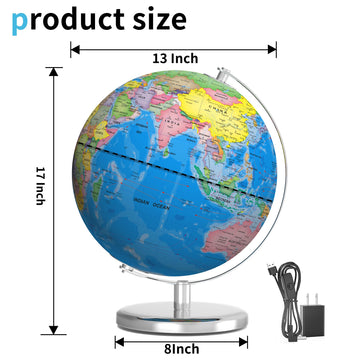 Orionstar 13'' Large World Globe With Stand, Educational Globe For Kids Learning, Colorful Hd World Map Details, Illuminated Glo