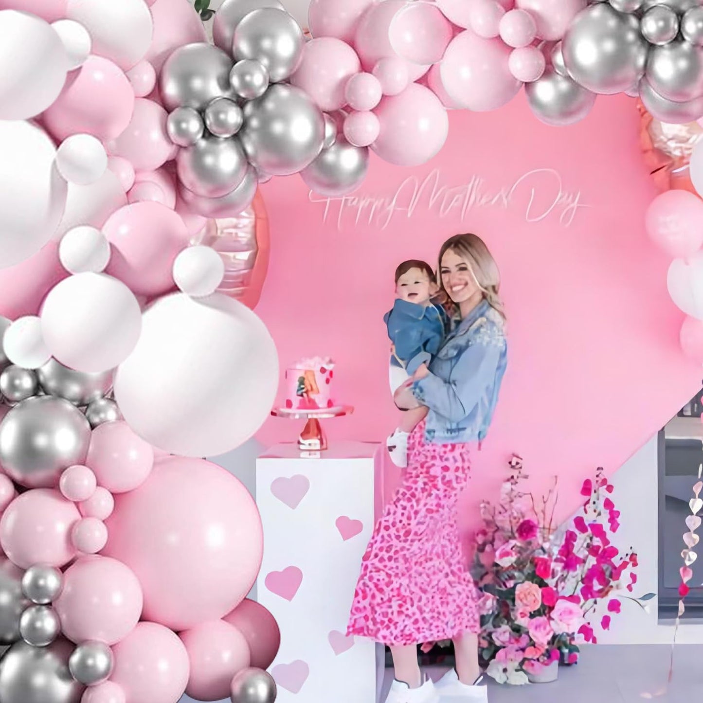 Felice Arts Birthday Baby Shower Balloon Arch Pink And White Different Size Balloons Garland Kit Latex Balloons Silver Chrome Balloons For Wedding Bridal Baby Shower Party Decoration